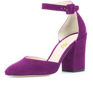 FSJ Purple Ankle Strap Round Toe Pump Chunky Heel